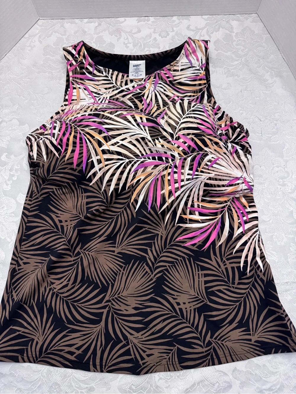 Lands’ End 12D High Neck Modest Tankini Swimsuit Top‎ Palm Leaf Brown Resort